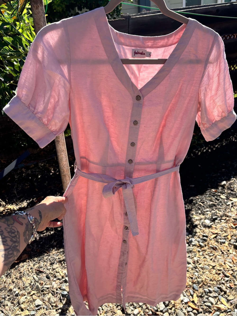 Pink Button-Front Belted Dress